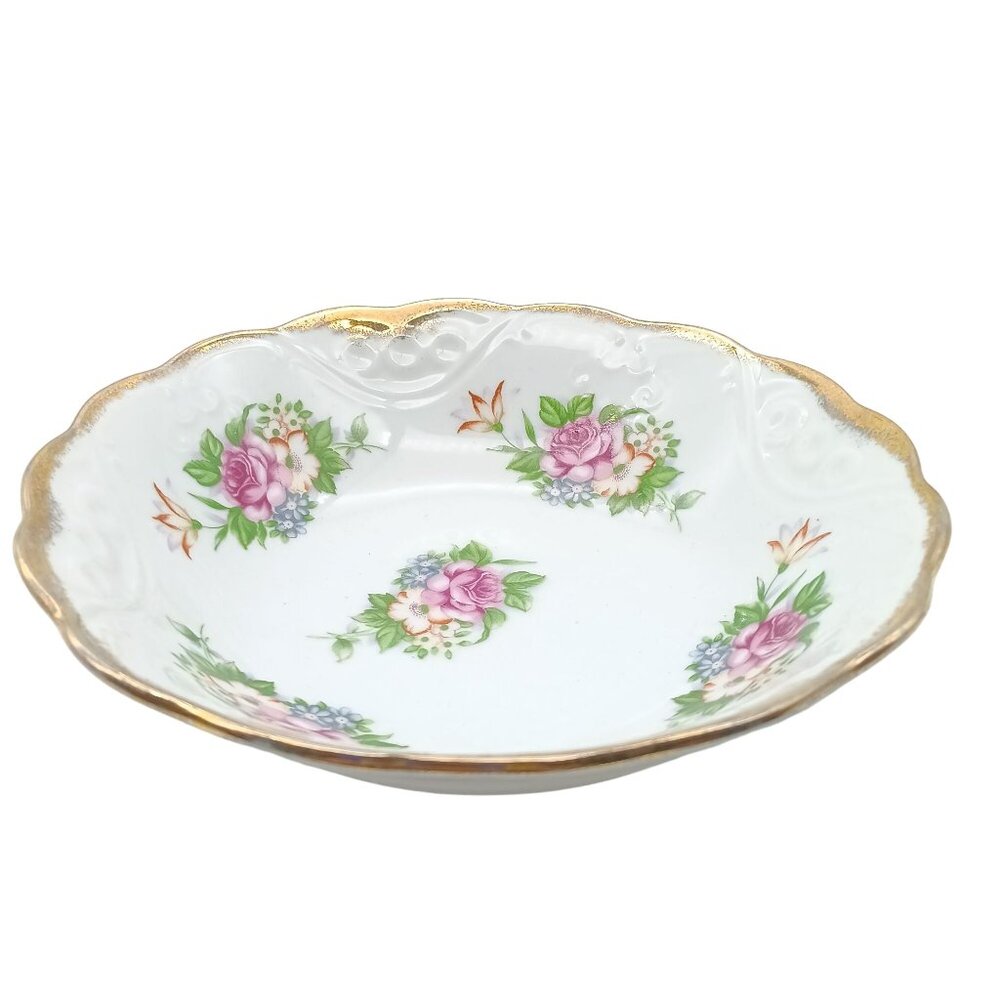 Vintage Porcelain Floral Bowl With Gold Trim 8in Serving Dish